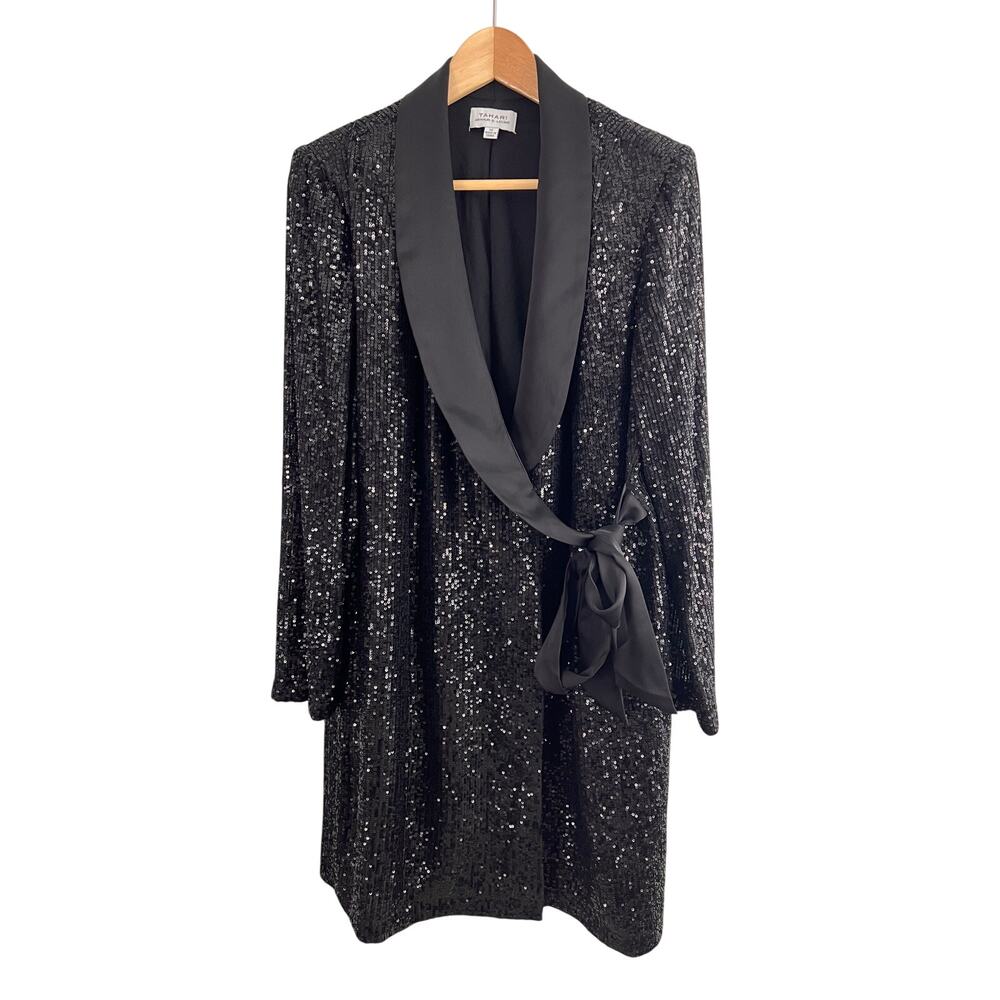 Tahari Black Sequin Wrap Blazer Dress Size 14  Long Sleeve Formal